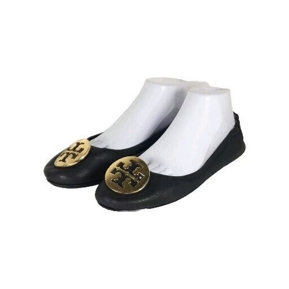 TORY BURCH Women's MINNIE US 10,5M Black Leather Logo Slip On Ballet Flats - Picture 1 of 16